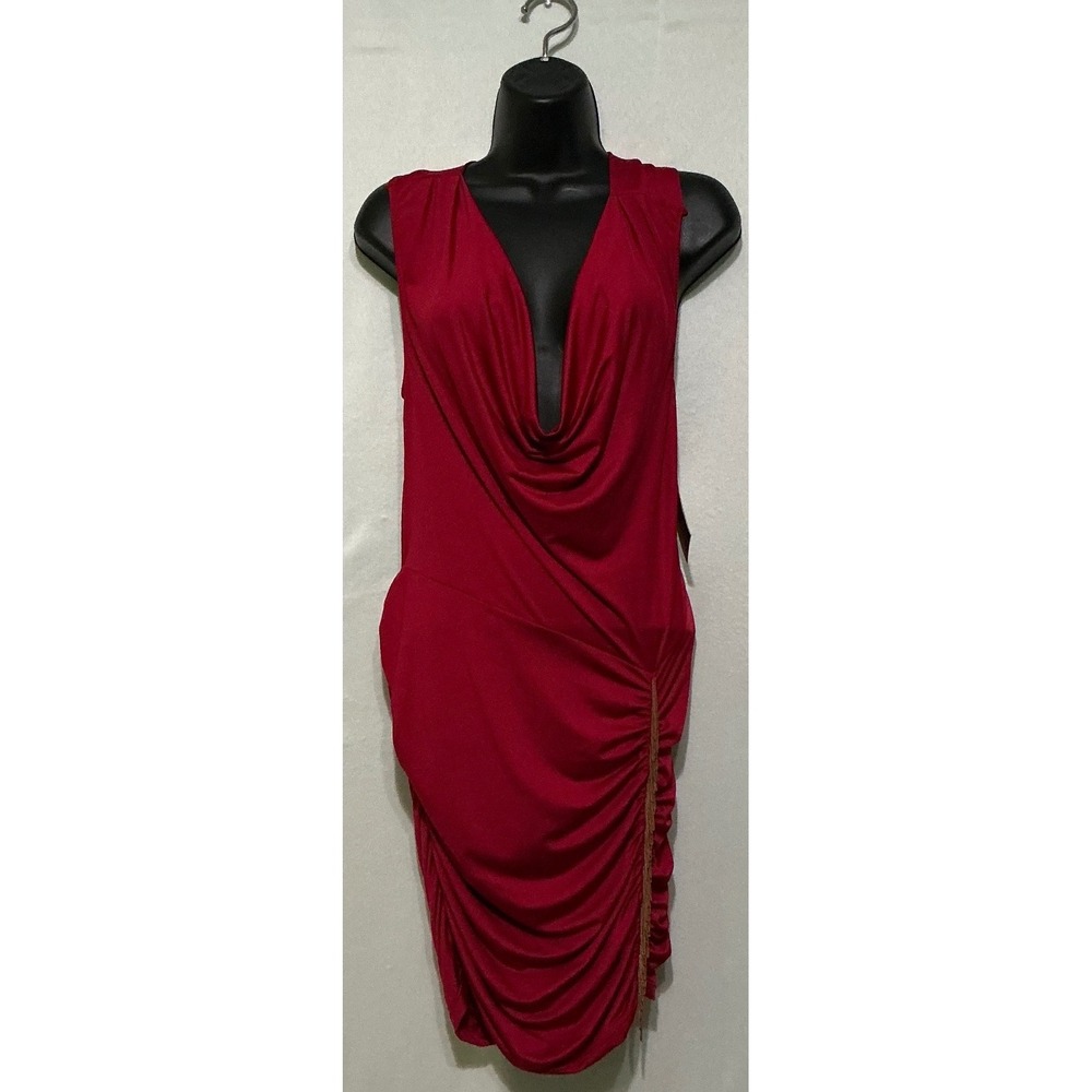 Dreamgirl Red Ruched Mini Dress Open Back‎ Plunge Neck Gold Chain Detail L